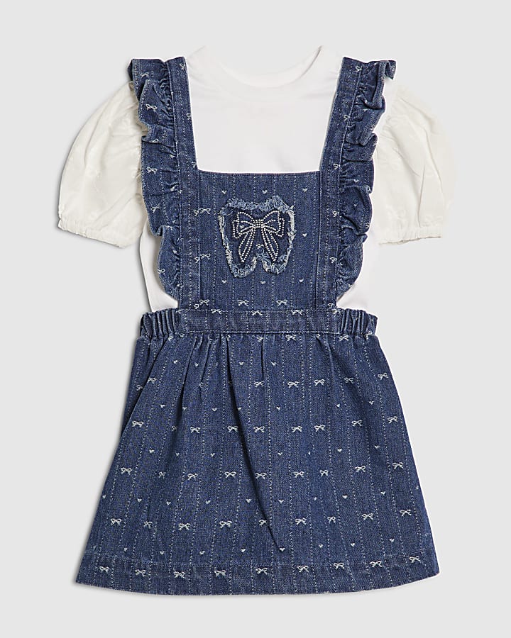 mini ragazze fiocco blu grembiule abito camicia