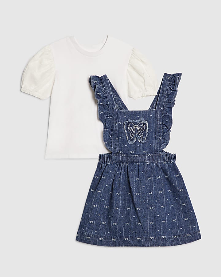 mini ragazze fiocco blu grembiule abito camicia