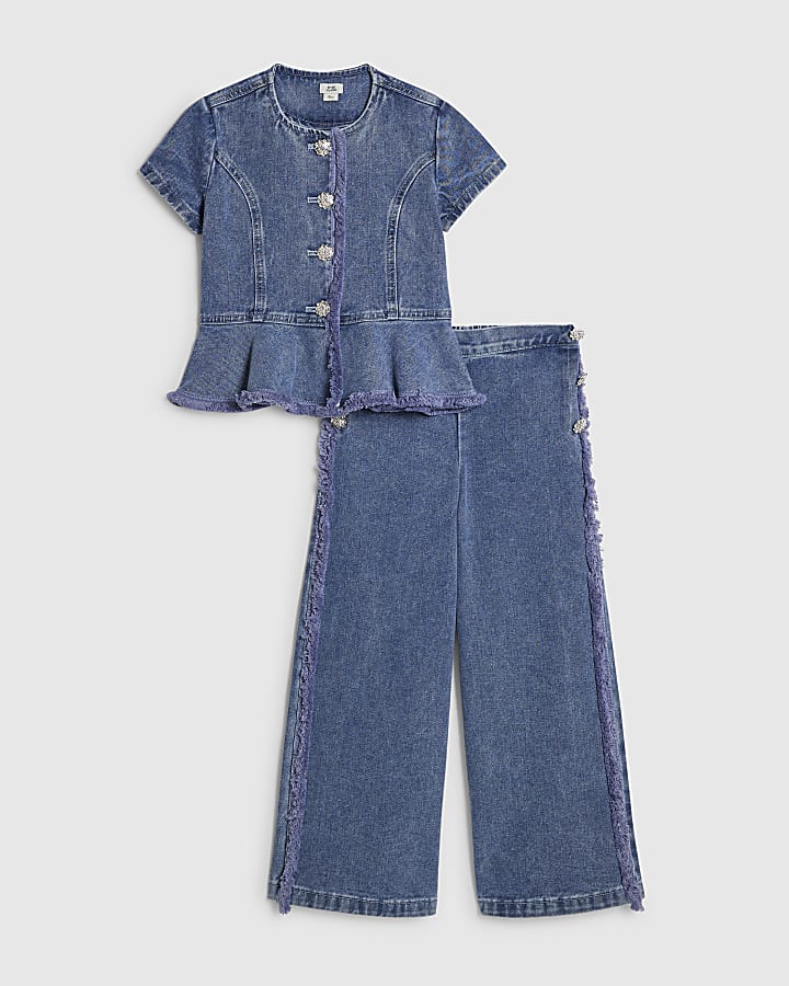 ragazze denim blu peplum top set