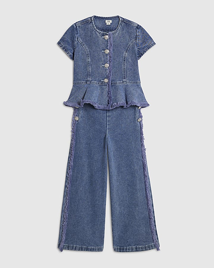 ragazze denim blu peplum top set