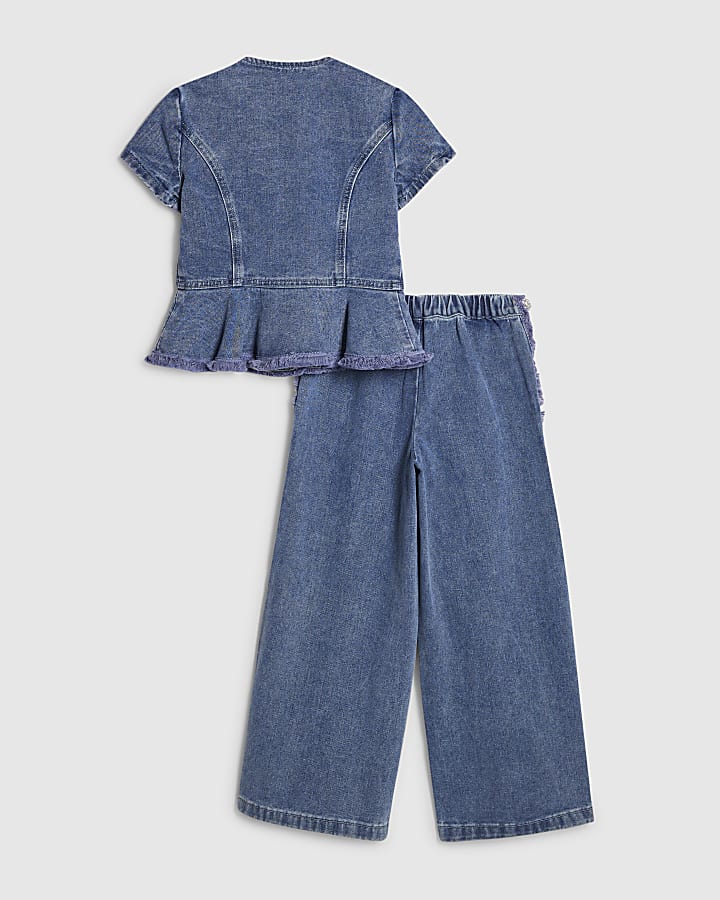 ragazze denim blu peplum top set