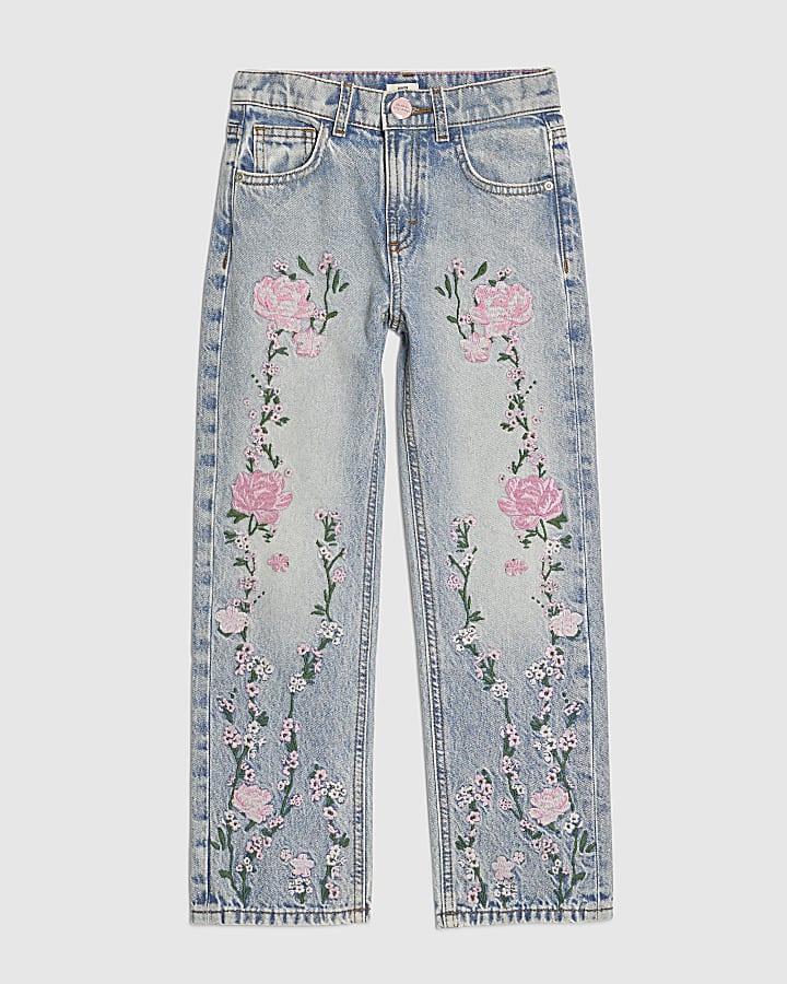 ragazze rosa floreale ricamato dritto jeans