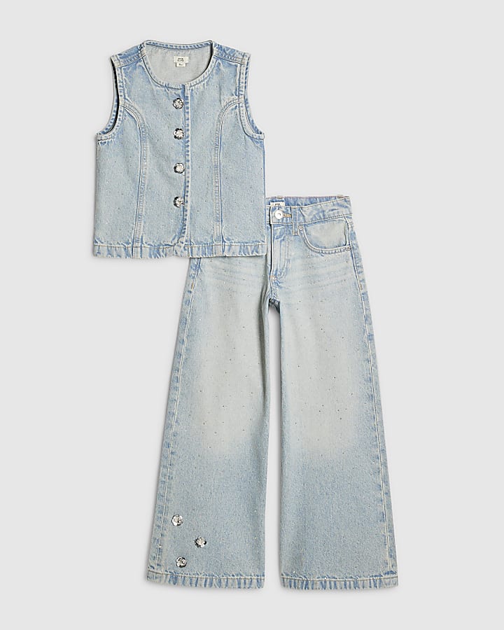 ragazze denim blu impreziosito gilet set