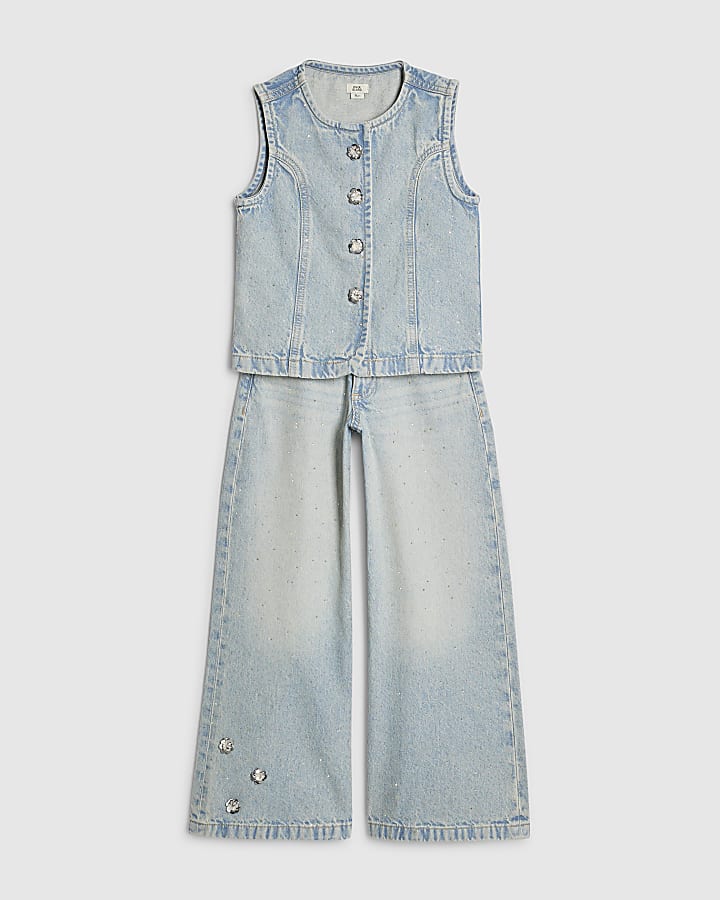 ragazze denim blu impreziosito gilet set