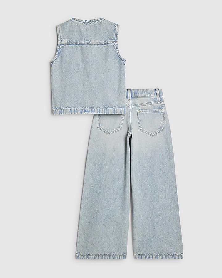 ragazze denim blu impreziosito gilet set