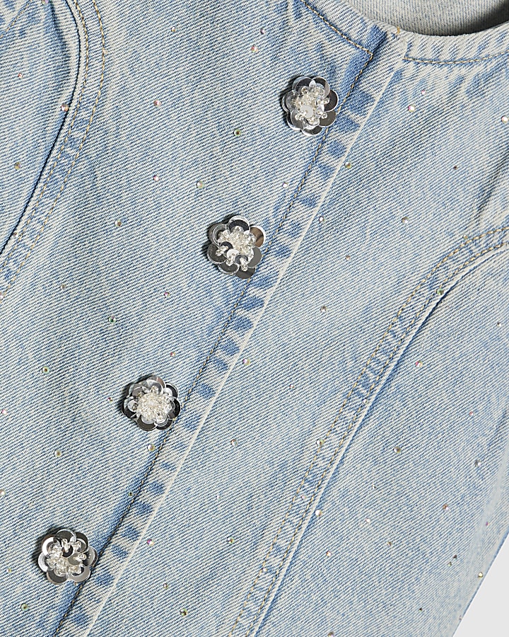 ragazze denim blu impreziosito gilet set
