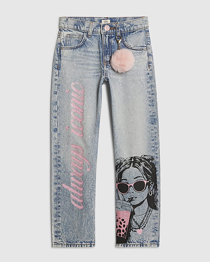 ragazze blu graffiti pom straight leg jeans