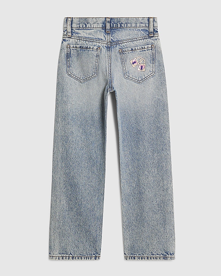 ragazze blu graffiti pom straight leg jeans