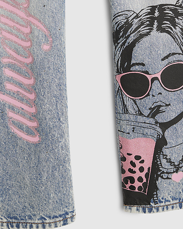 ragazze blu graffiti pom straight leg jeans