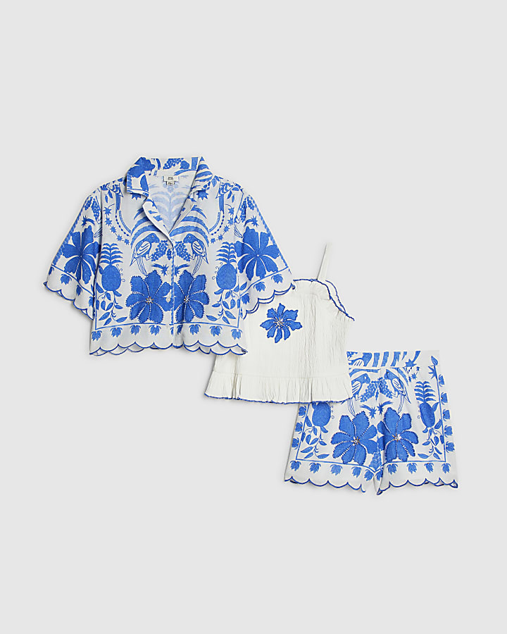 ragazze blu stampa tropicale parrot shirt set