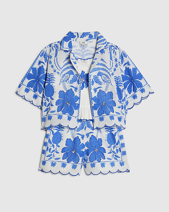ragazze blu stampa tropicale parrot shirt set