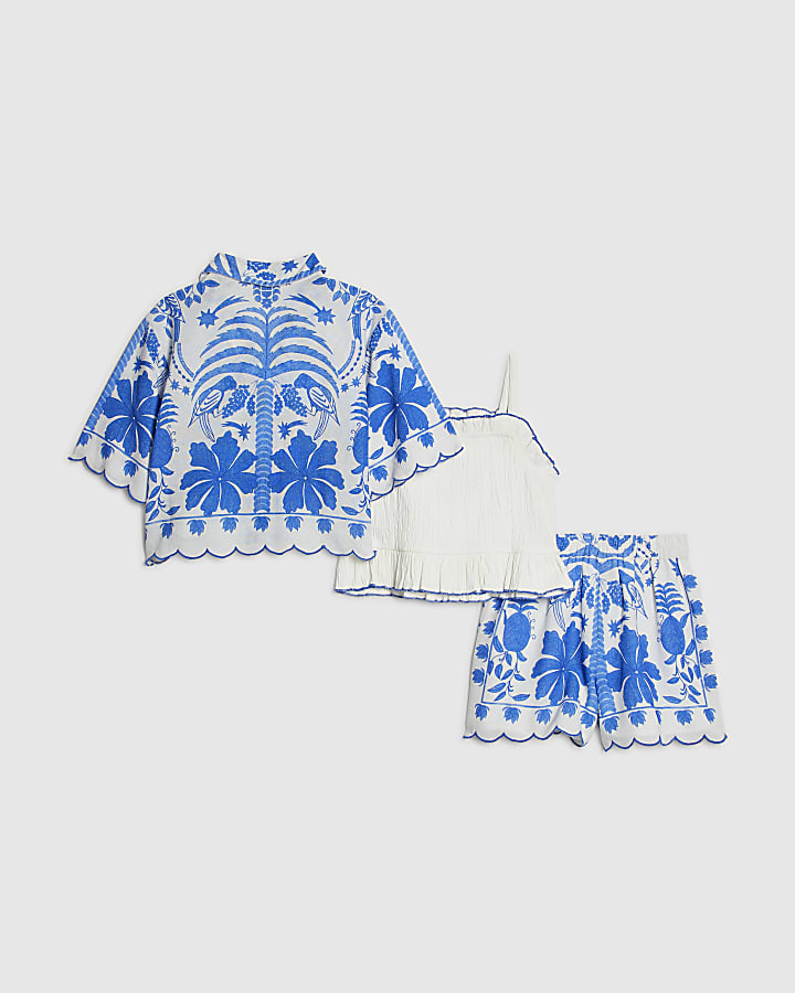 ragazze blu stampa tropicale parrot shirt set
