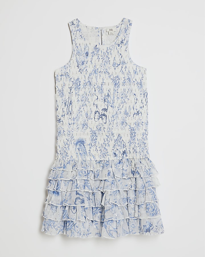 ragazze blu floreale chiffon orlo abito