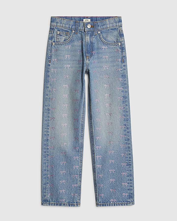ragazze fiocco blu impreziosito dritto jeans