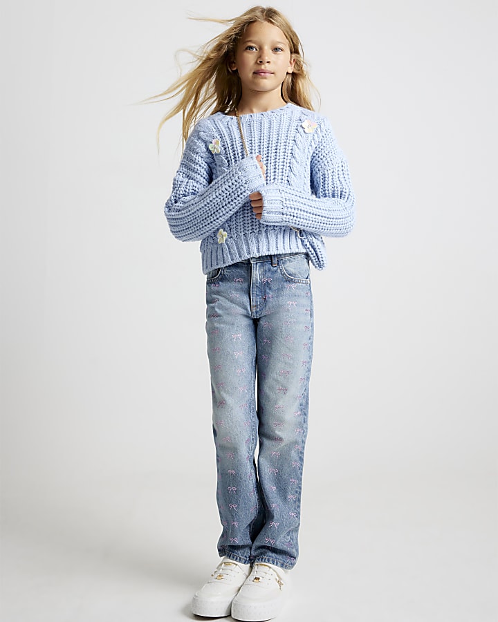 ragazze fiocco blu impreziosito dritto jeans
