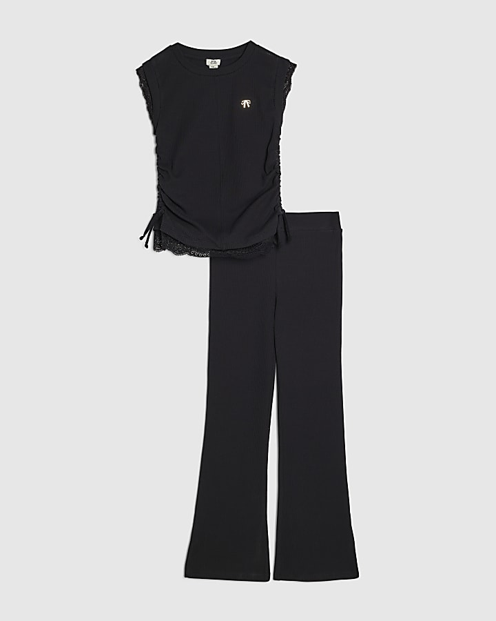 ragazze nero increspato costine leggings set