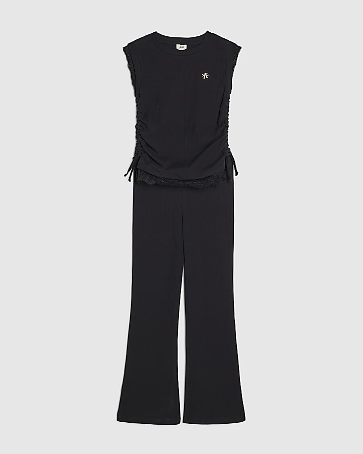 ragazze nero increspato costine leggings set
