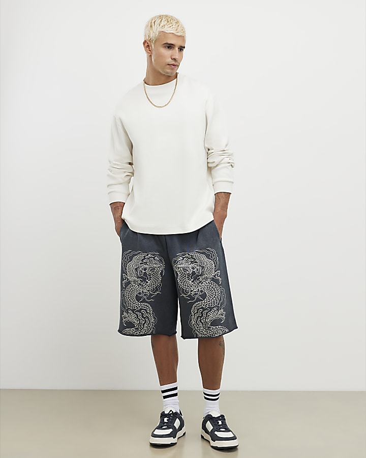 nero jort ricamato giapponese dragon pantaloncini