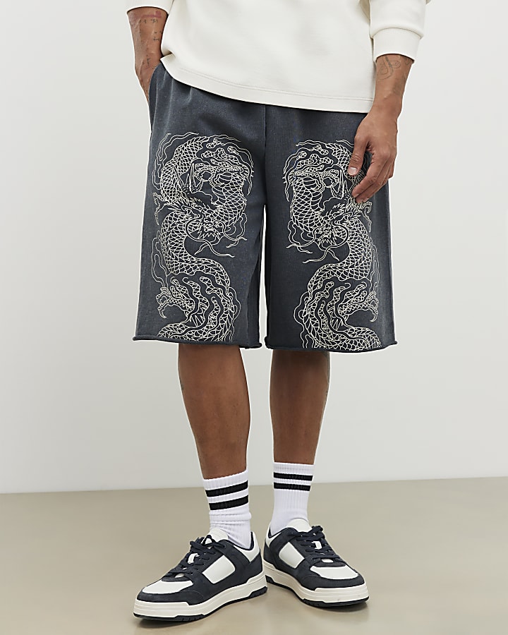 nero jort ricamato giapponese dragon pantaloncini