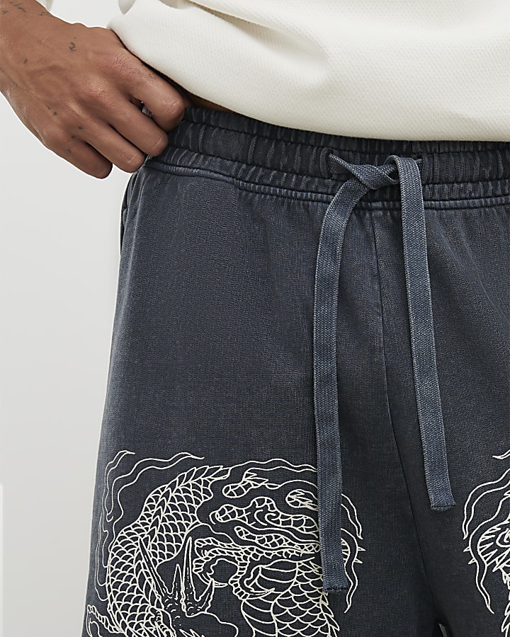 nero jort ricamato giapponese dragon pantaloncini