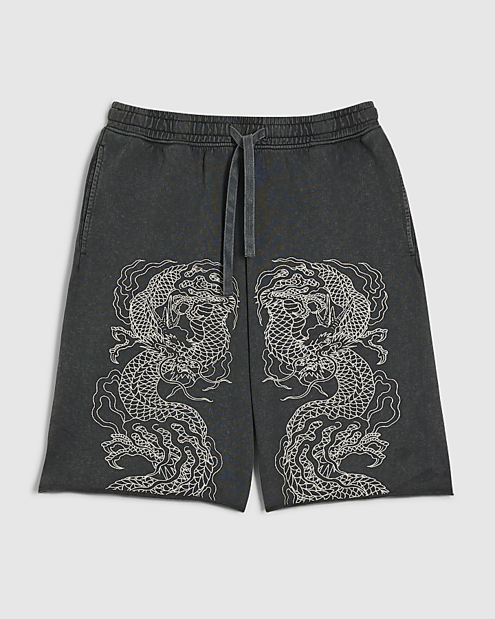 nero jort ricamato giapponese dragon pantaloncini