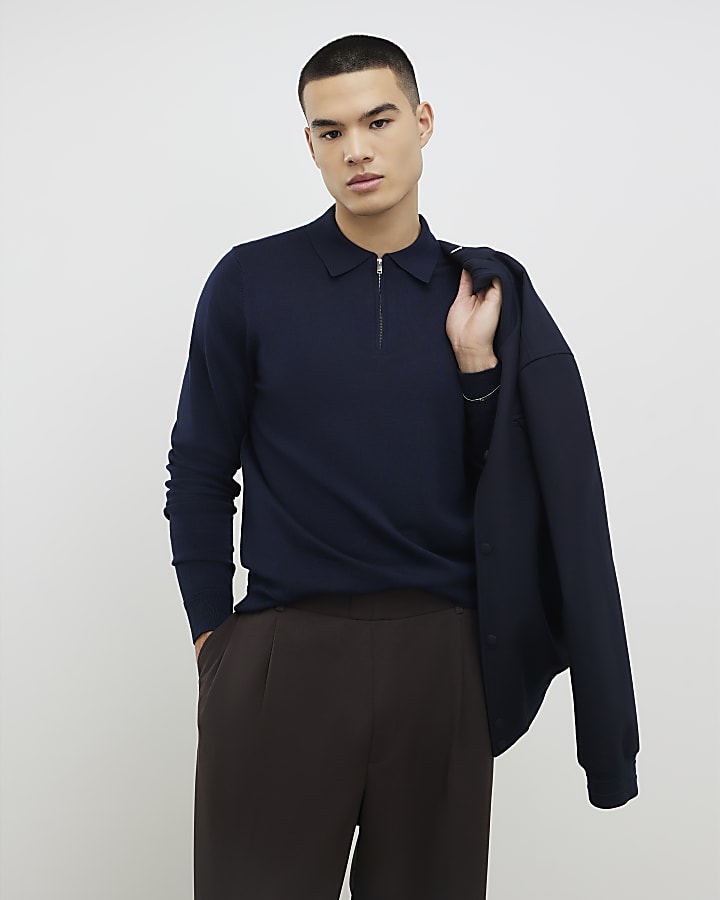 navy slim fit quarter zip polo shirt