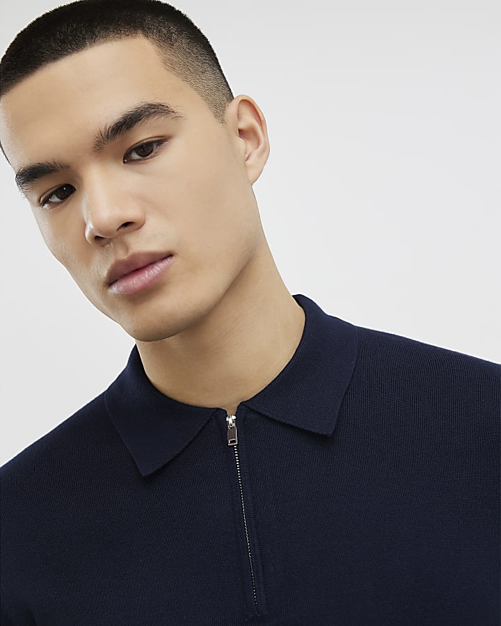 navy slim fit quarter zip polo shirt