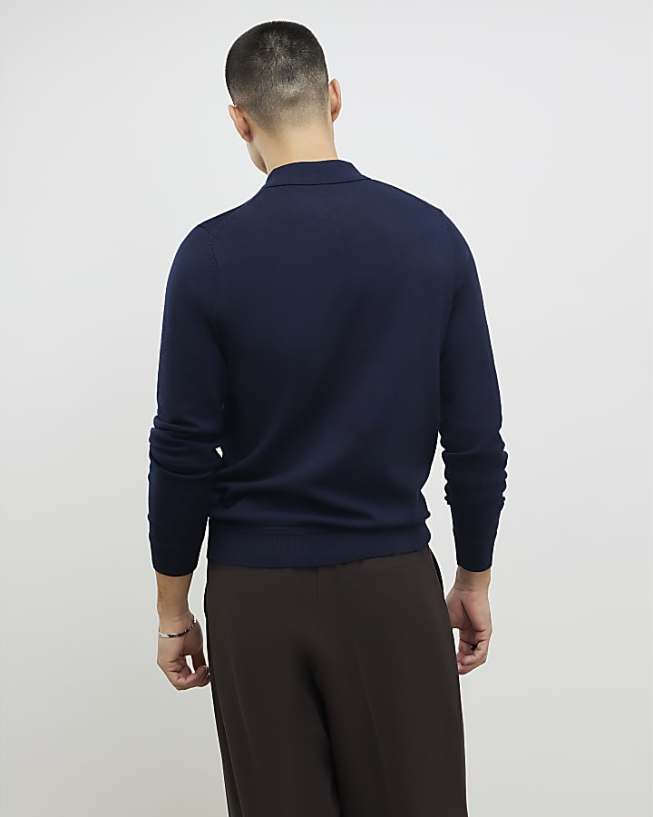 navy slim fit quarter zip polo shirt