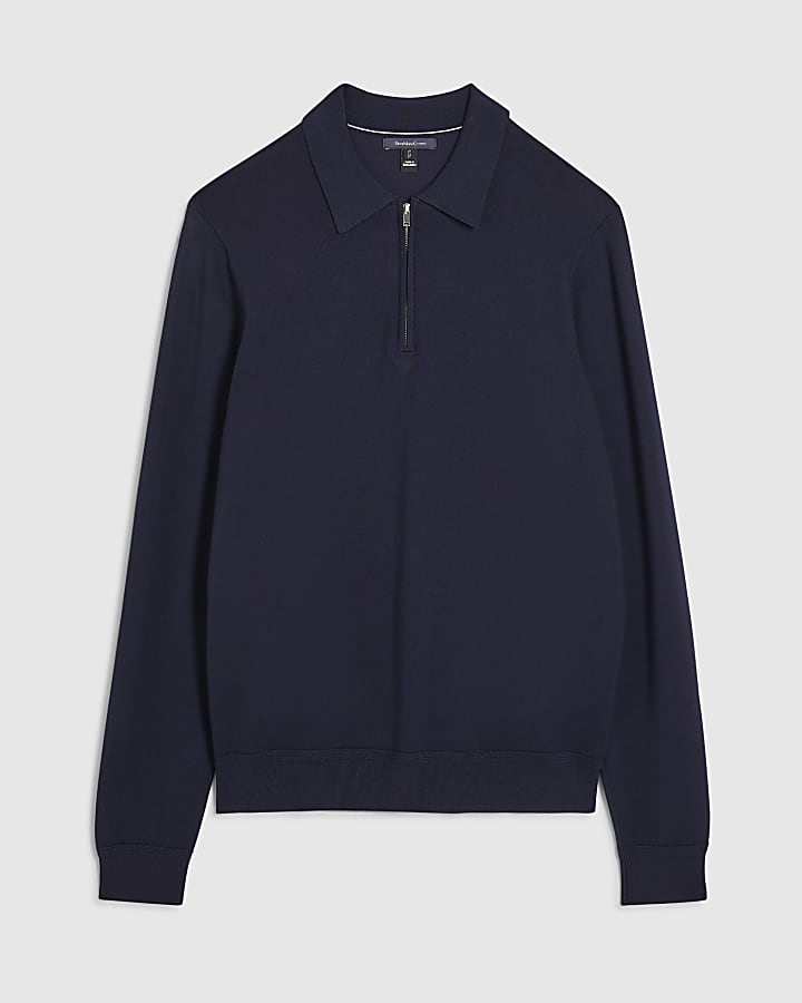 navy slim fit quarter zip polo shirt