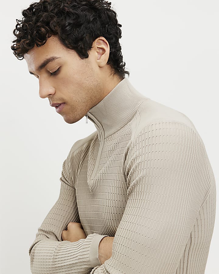 beige muscle fit quarter zip imbuto jumper