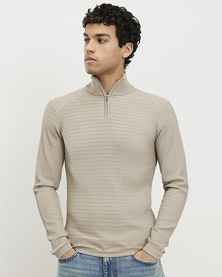 beige muscle fit quarter zip imbuto jumper