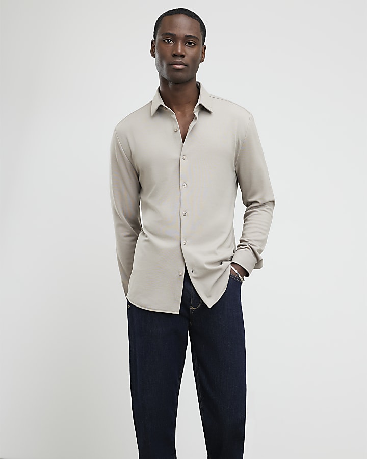 beige muscle fit pique camicia casual