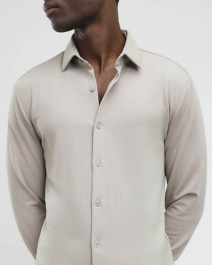 beige muscle fit pique camicia casual