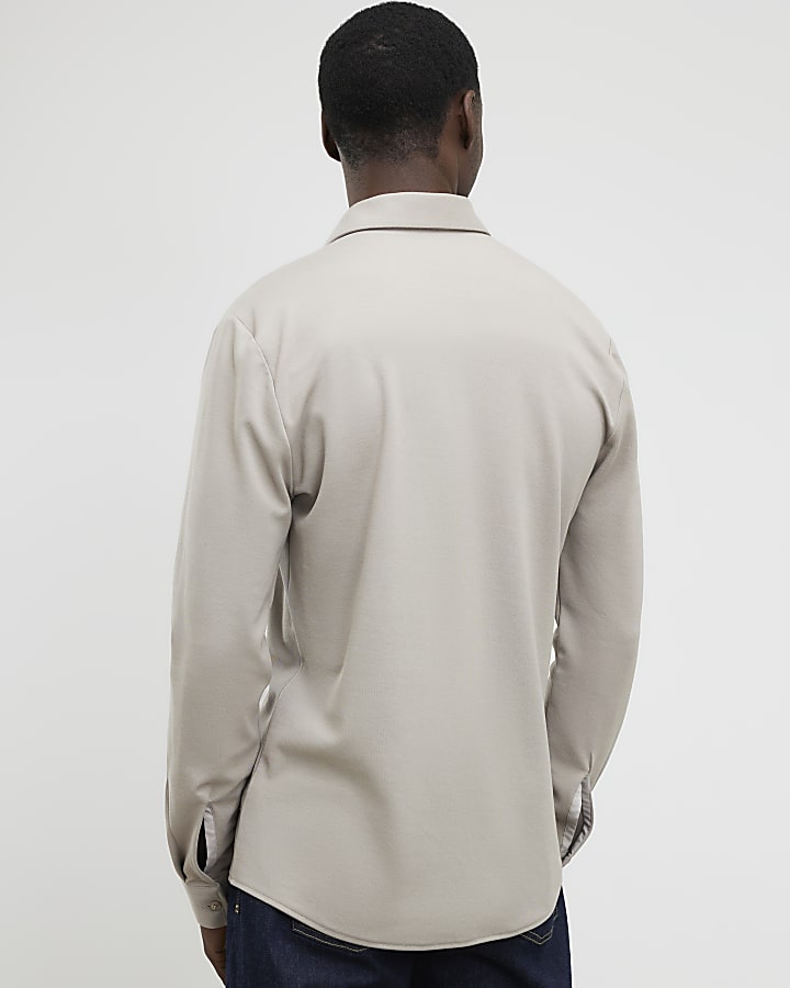 beige muscle fit pique camicia casual
