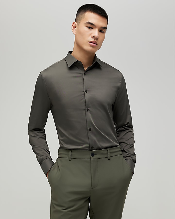 khaki muscle fit manica lunga shirt