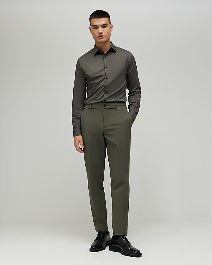 khaki muscle fit manica lunga shirt
