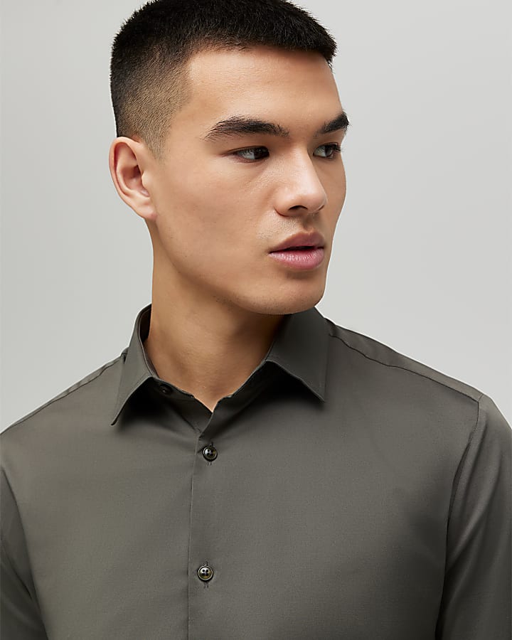 khaki muscle fit manica lunga shirt