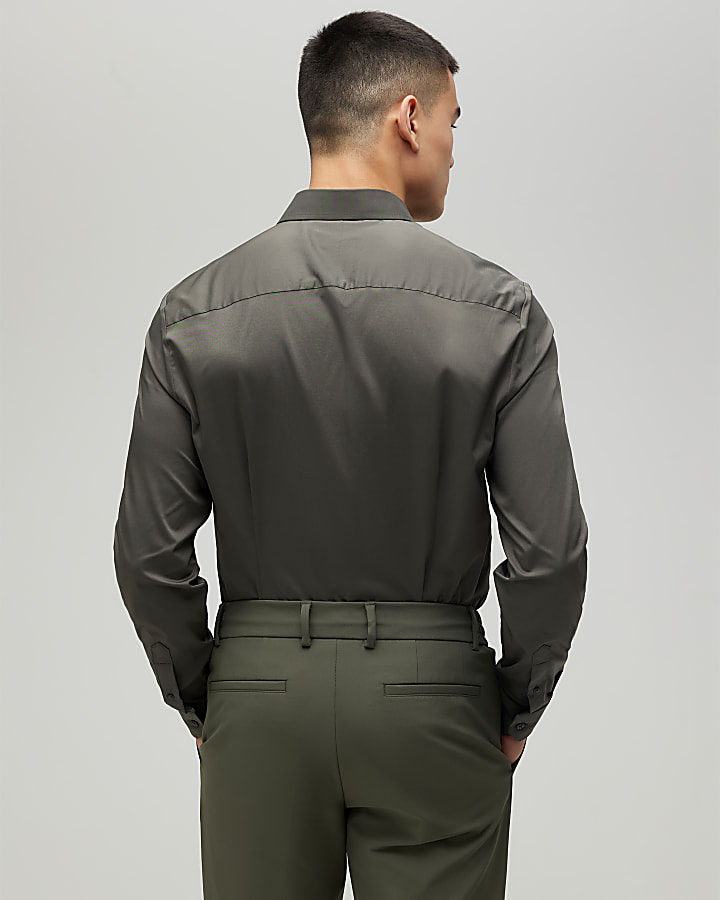 khaki muscle fit manica lunga shirt