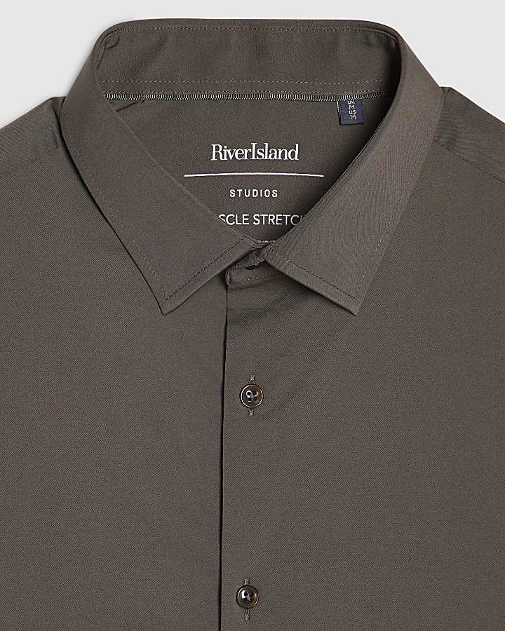 khaki muscle fit manica lunga shirt
