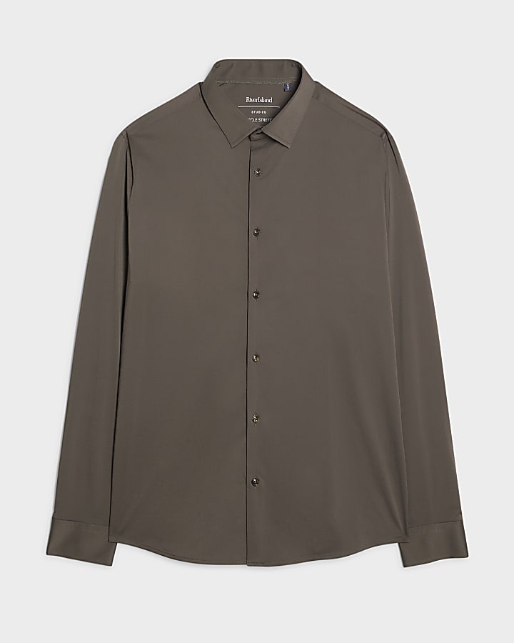 khaki muscle fit manica lunga shirt