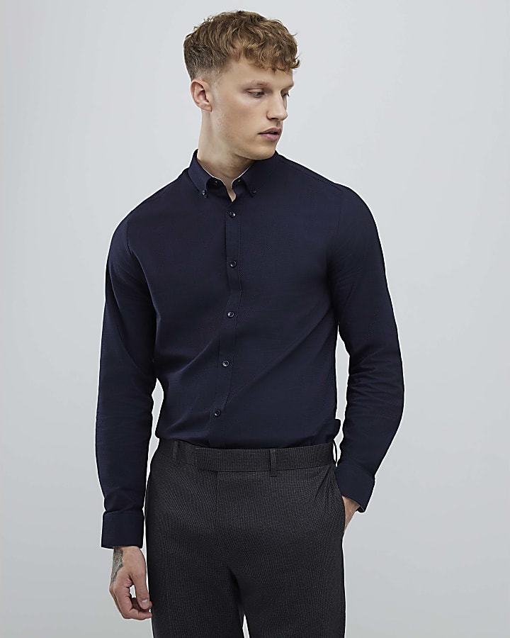 navy manica lunga texture muscle fit shirt