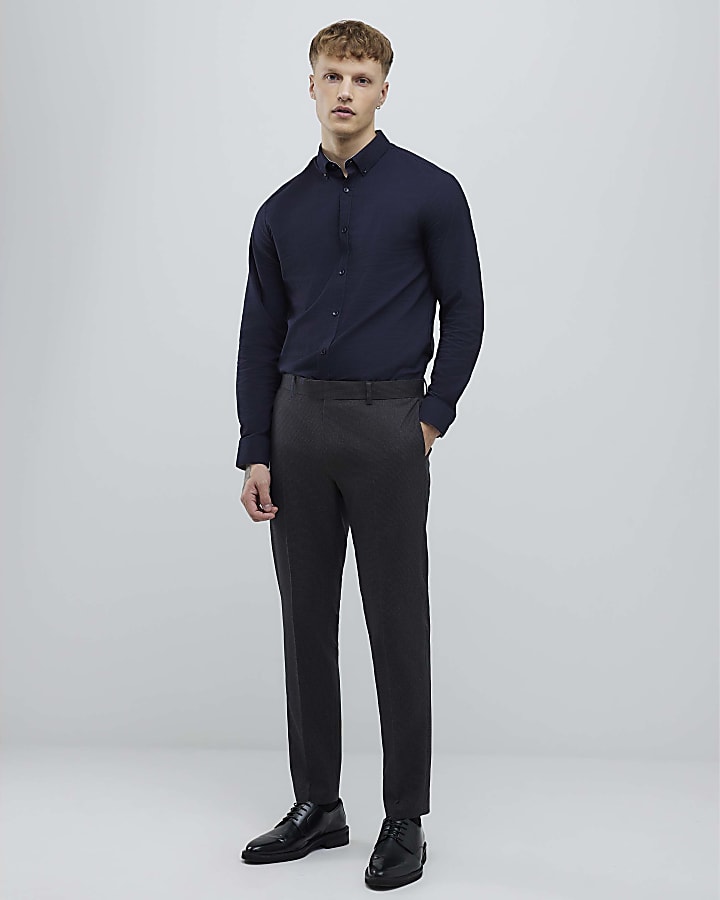 navy manica lunga texture muscle fit shirt