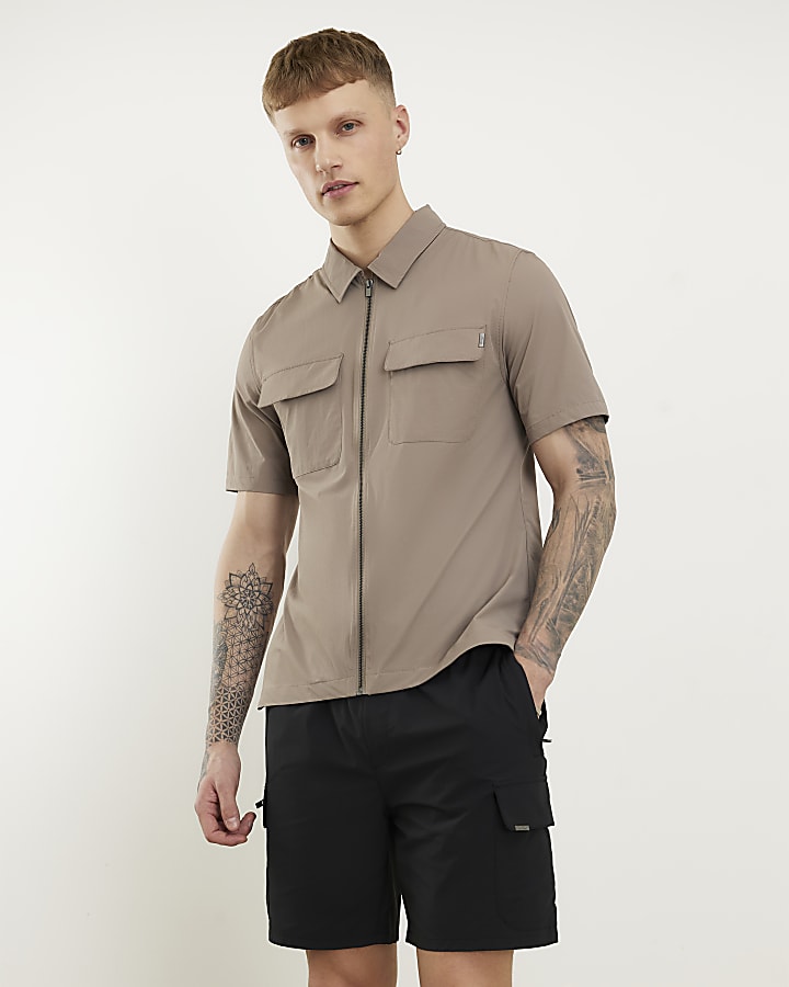 beige muscle fit zip shirt