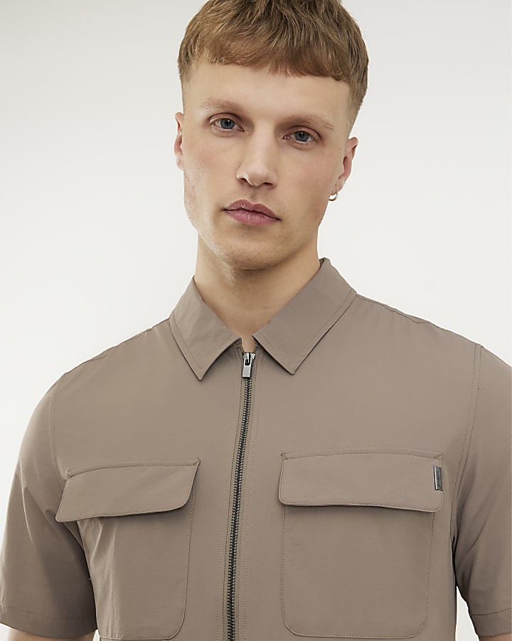 beige muscle fit zip shirt