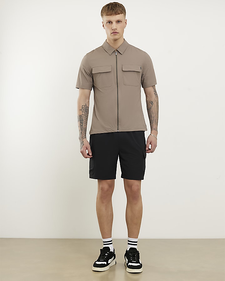 beige muscle fit zip shirt