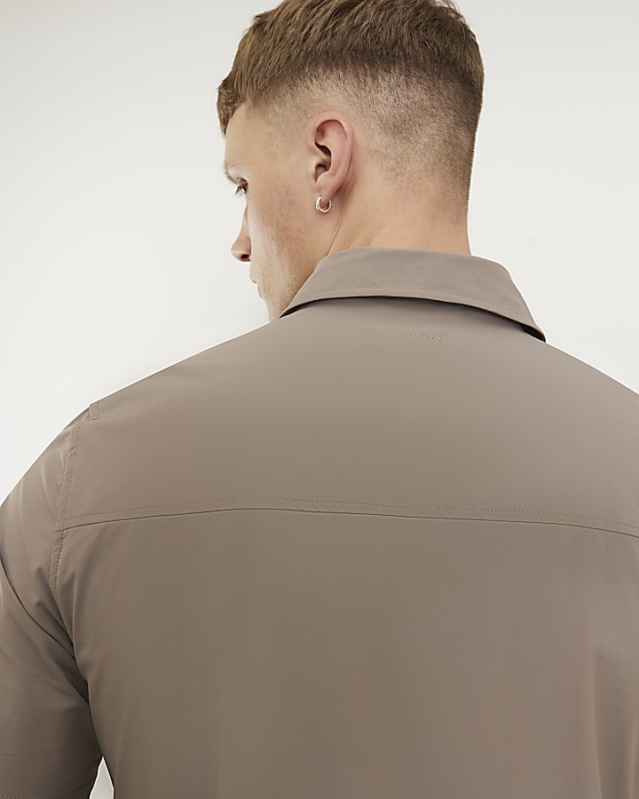beige muscle fit zip shirt