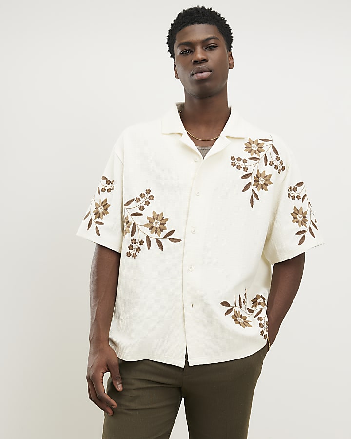 bianco regular fit floreale testurizzato shirt