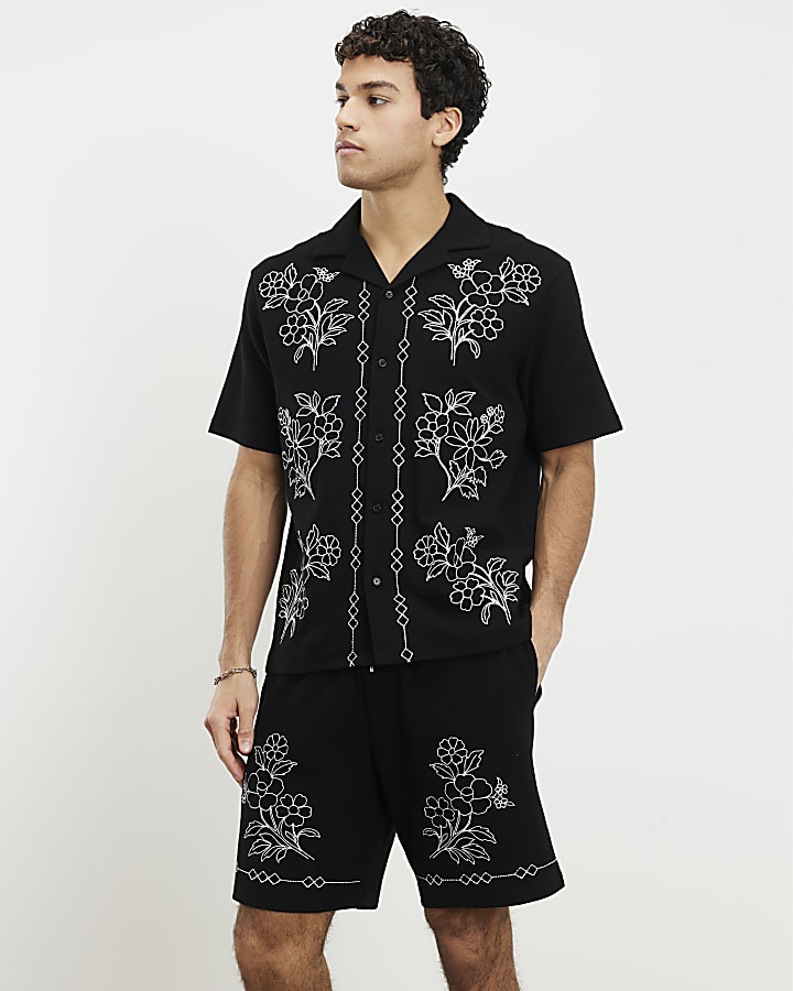 nero vestibilità regolare floreale ricamato camicia