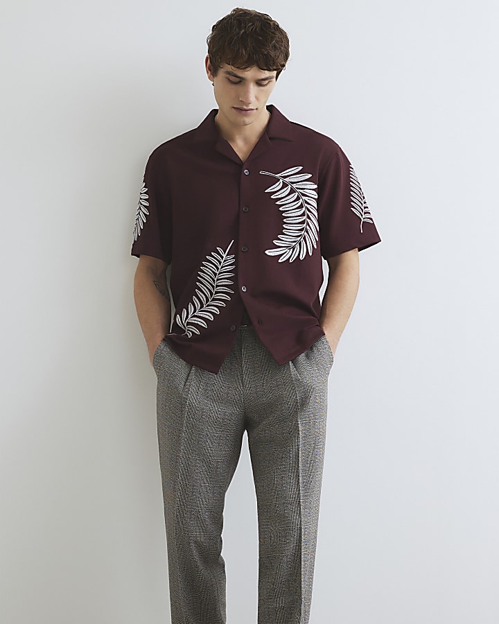 marrone regular fit foglia ricamato camicia
