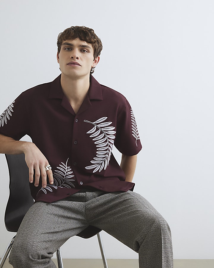 marrone regular fit foglia ricamato camicia